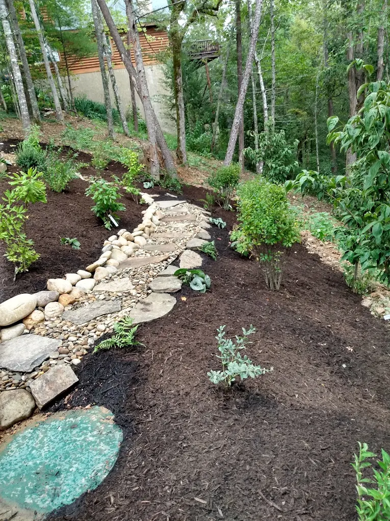 Wooded garden with stone pathway, freshly planted shrubs, and rustic cabin in background