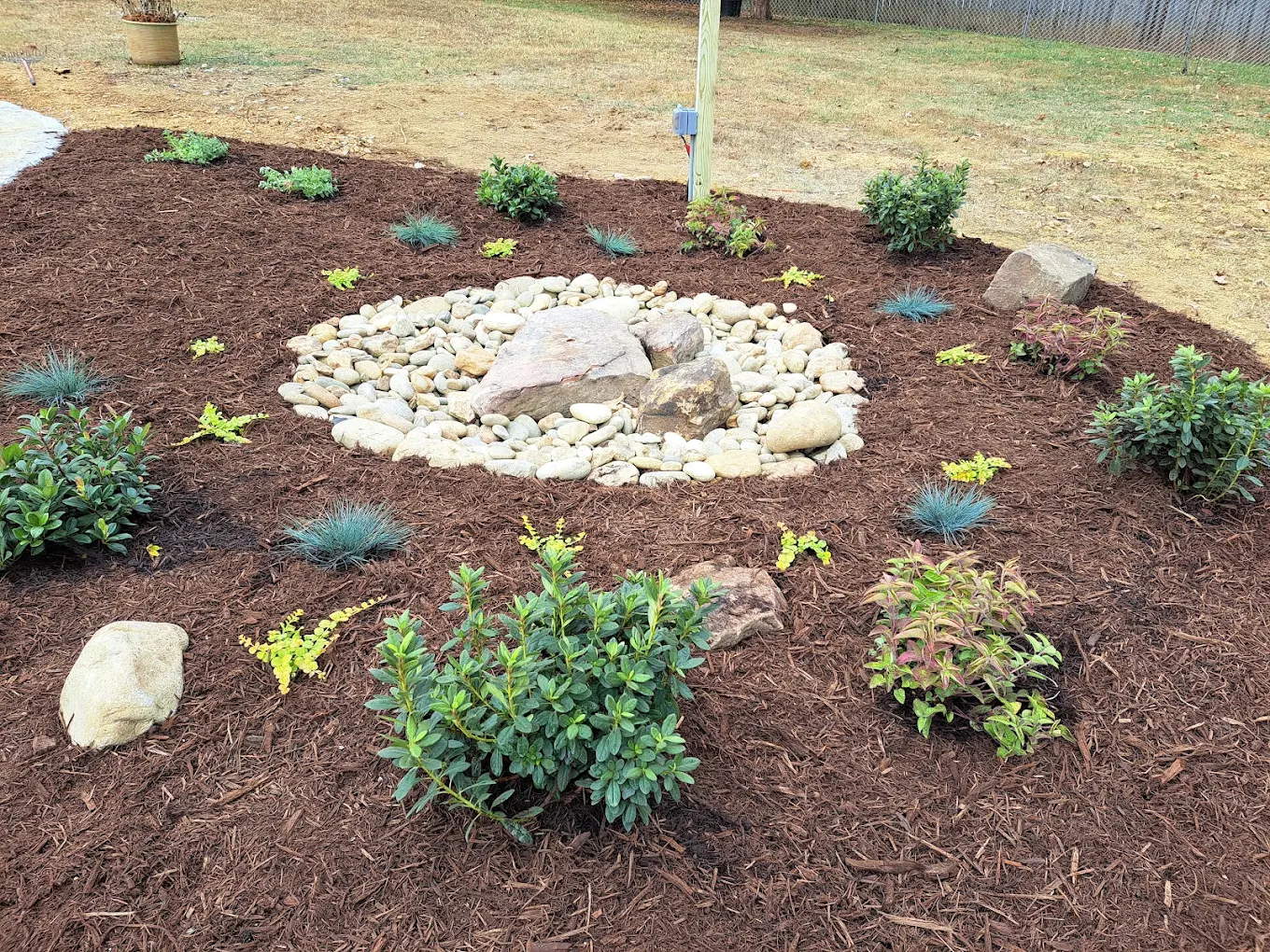 Newly planted landscape garden with mulch, rocks, and various shrubs and ground cover plants