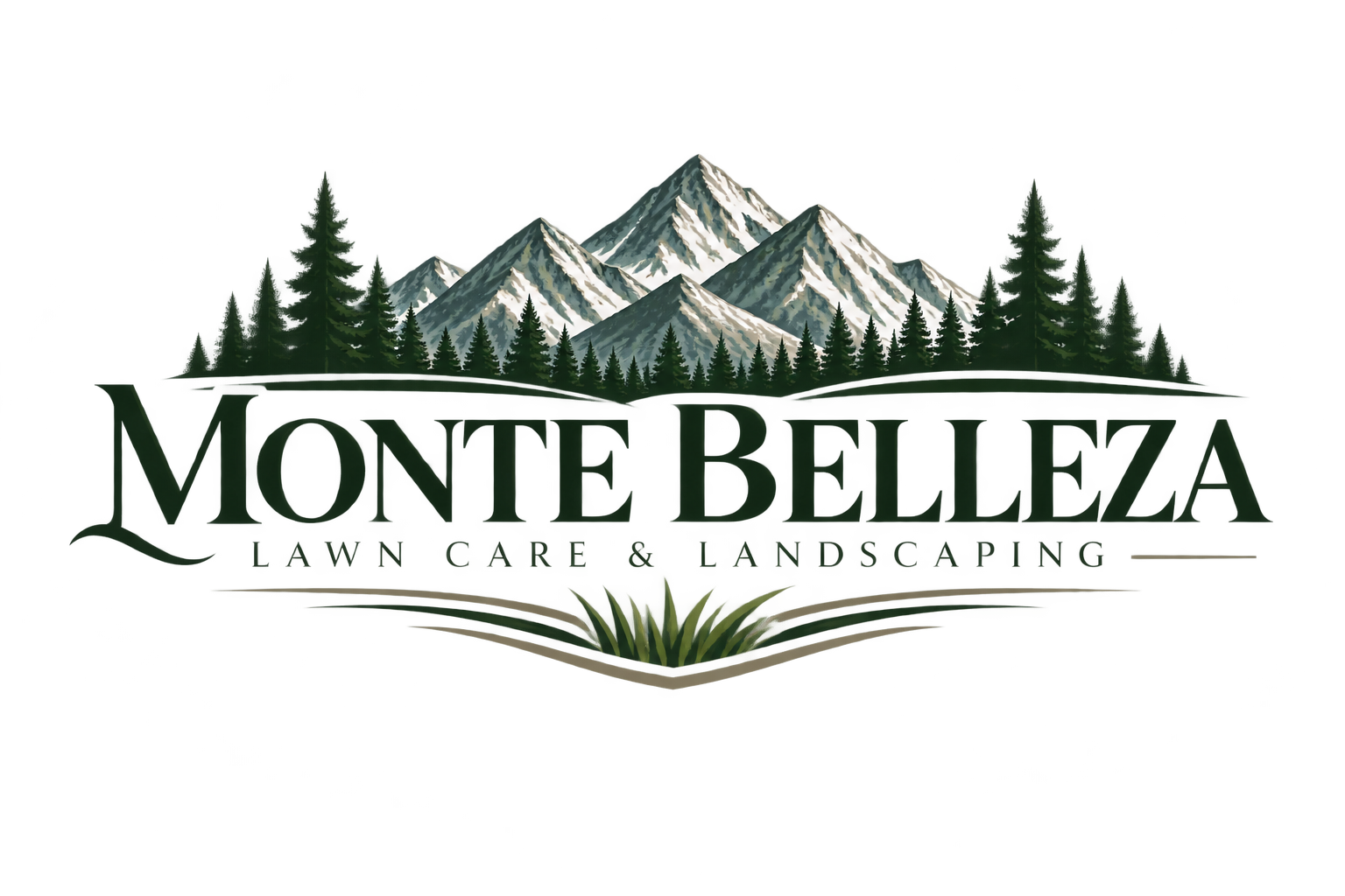 Monte Belleza Lawn Care & Landscaping logo with mountains, evergreen trees, and grass